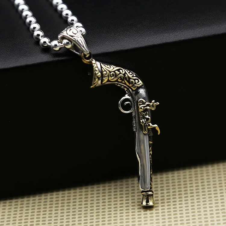 

Wholesale S925 Sterling Silver Jewelry Vintage Inlay Medieval Western Pistol Fashion Thai Silver Necklace Pendant Pendant