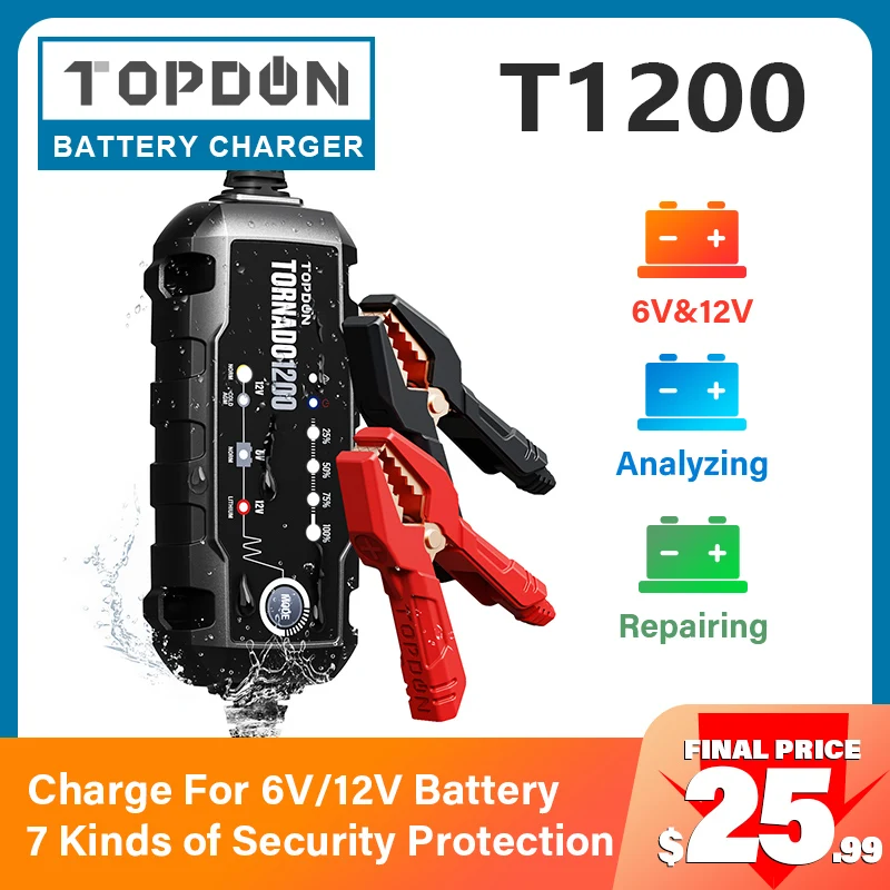 

Topdon 6V/12V Automatic Battery Charger Car Portable Battery Chargers Tool for 20Ah-150Ah Lead-acid and Lithium-acid Battery