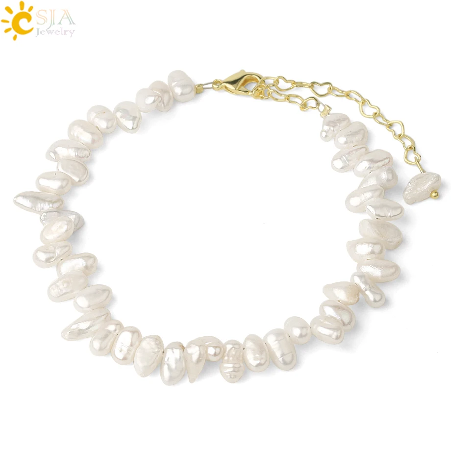 CSJA Irregular Natural Pearl Strand Bracelets Baroque White Bead Gold Color Adjustable Bracelet for Women Girl Jewelry Gift G569 | Украшения