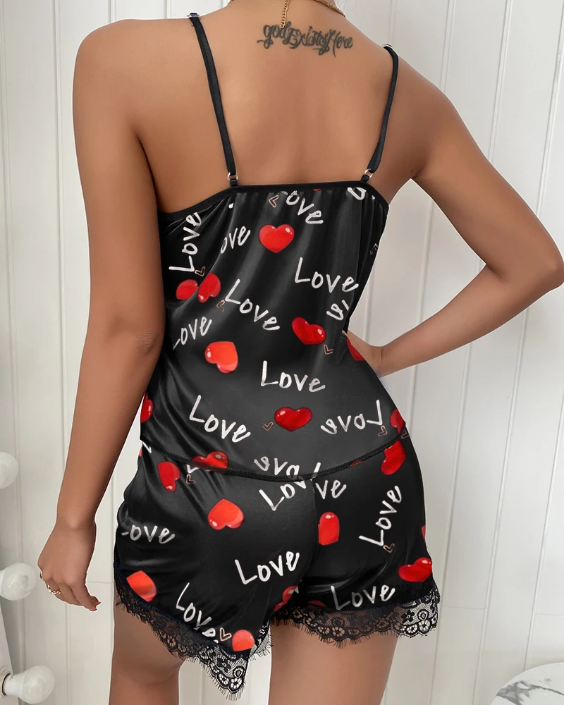 

Red Black Lace Body Suits Women Erotic Lingerie Halter Heart Print Contrast Lace Cami Sets