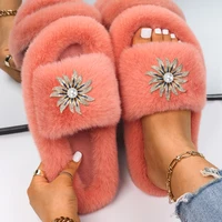faux fur slippers for women gorgeous crystal sunflower designer flat slides platform fur sandals winter house warm flats shoes