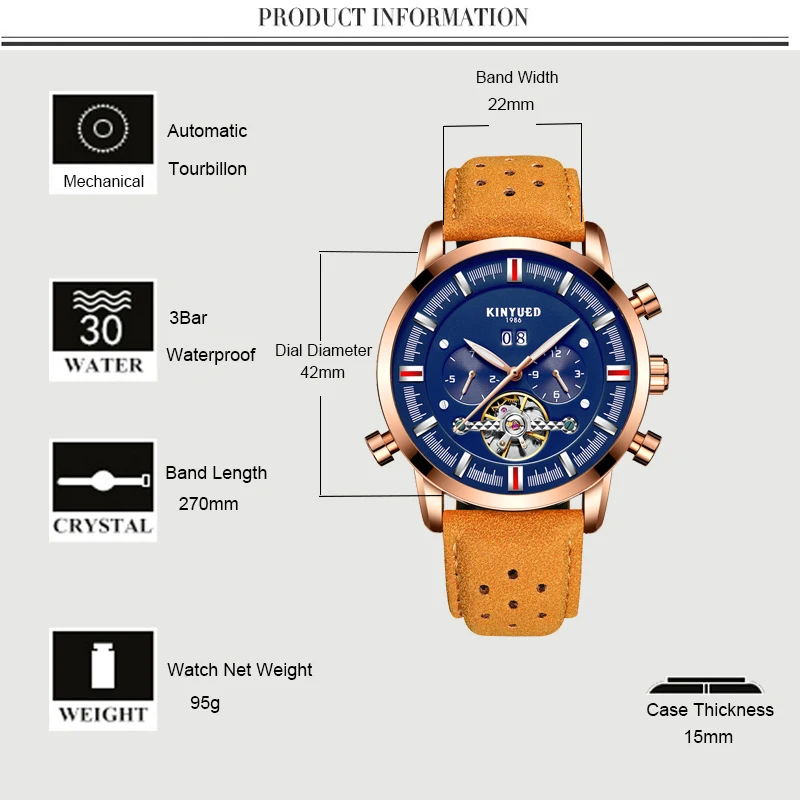 KINYUED Лидирующий бренд мужские механические часы Роскошные автоматические Tourbillon