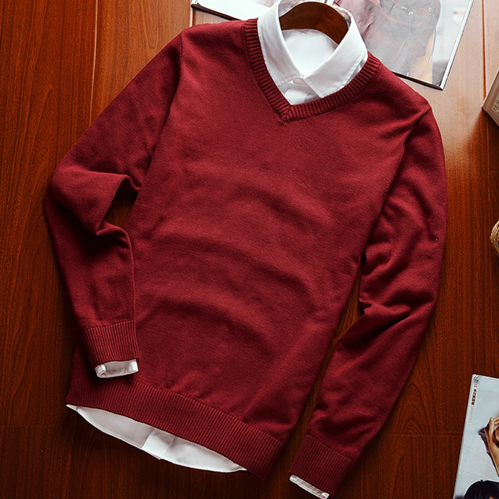 

Men Sweater Solid Color V Neck Spandex Long Sleeve Slim Pullover Plus Size Knitwear Sweater Street wear pull homme 2021