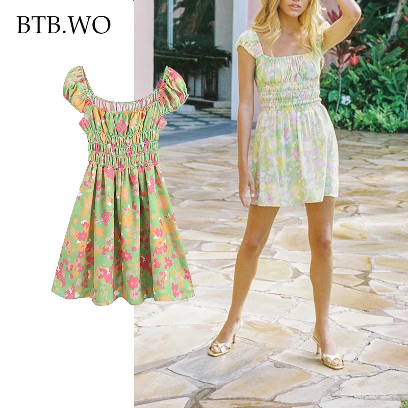 

Za Women Chic Summer 2022 Print Pleated Mini Dress Vintage Back Long Sleeve Back Sweet Female Skirts Mujer