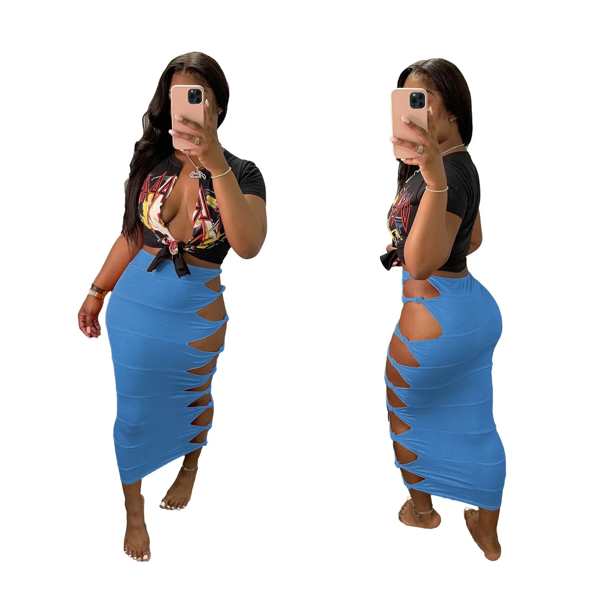 

Mandylandy Skirt Summer Fashion High Waist Sexy Beach Skirt Women's Casual Solid Color Slim Hollow Out Skirt