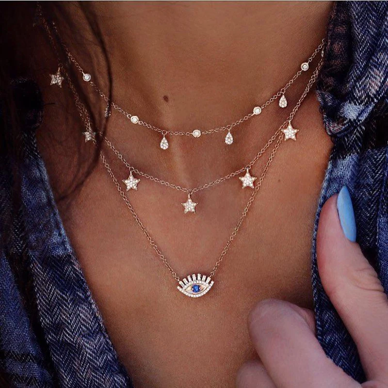 

New Zircon Five-pointed Star Chain Choker Necklace Eye Multilayer Pendant Necklace for Women Gold Color Clavicle Chain Gift