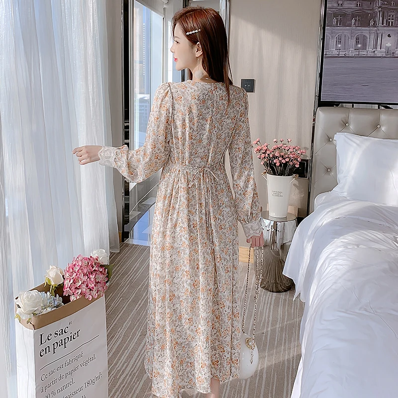 

COIGARSAM French Style Full Sleeve Women dress New Spring Vintage Chiffon Lace Floral Print Dresses 1896