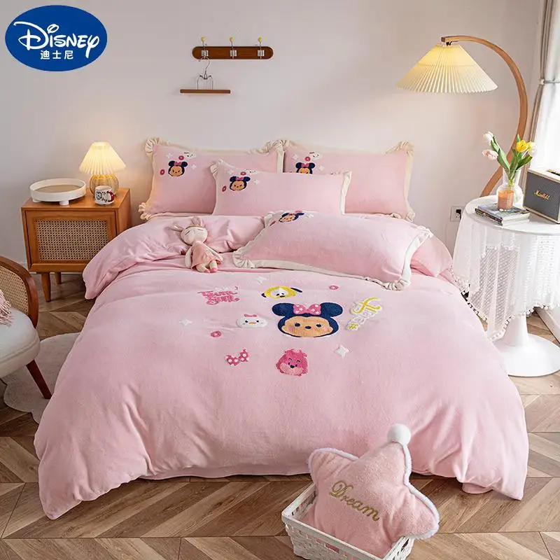 

Disney Anime Warm Bedding Sets Milk Velvet Mickey Mouse Donald Duck Lotso Cartoon Computer Embroidery Bedsheet Set Four Seasons