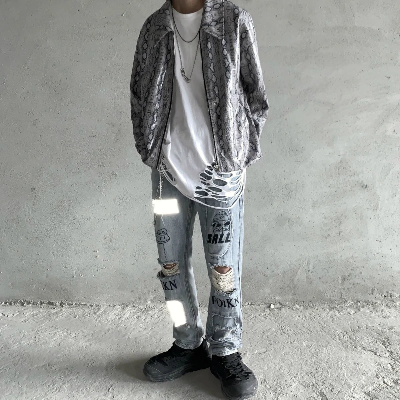 Мужские светильник сы с вырезами на коленях С Вышивкой Букв|Мужские джинсы| |