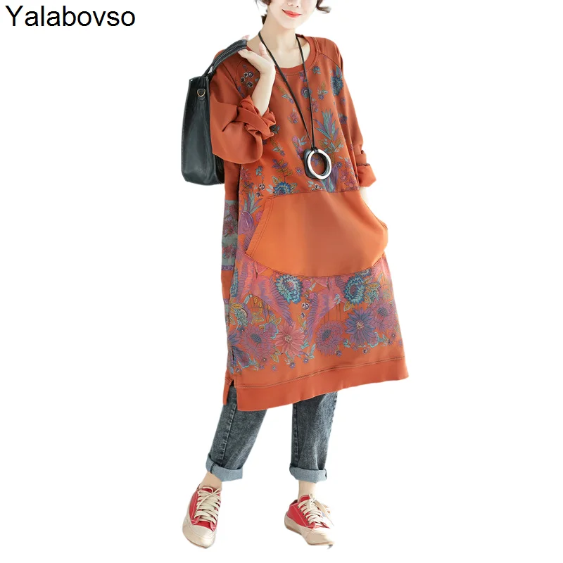 

Autumn Spring Hoodies Straight O Neck Medium Length Printed With Big Pocket National Style Long Sleeve Pullovers Tops Female