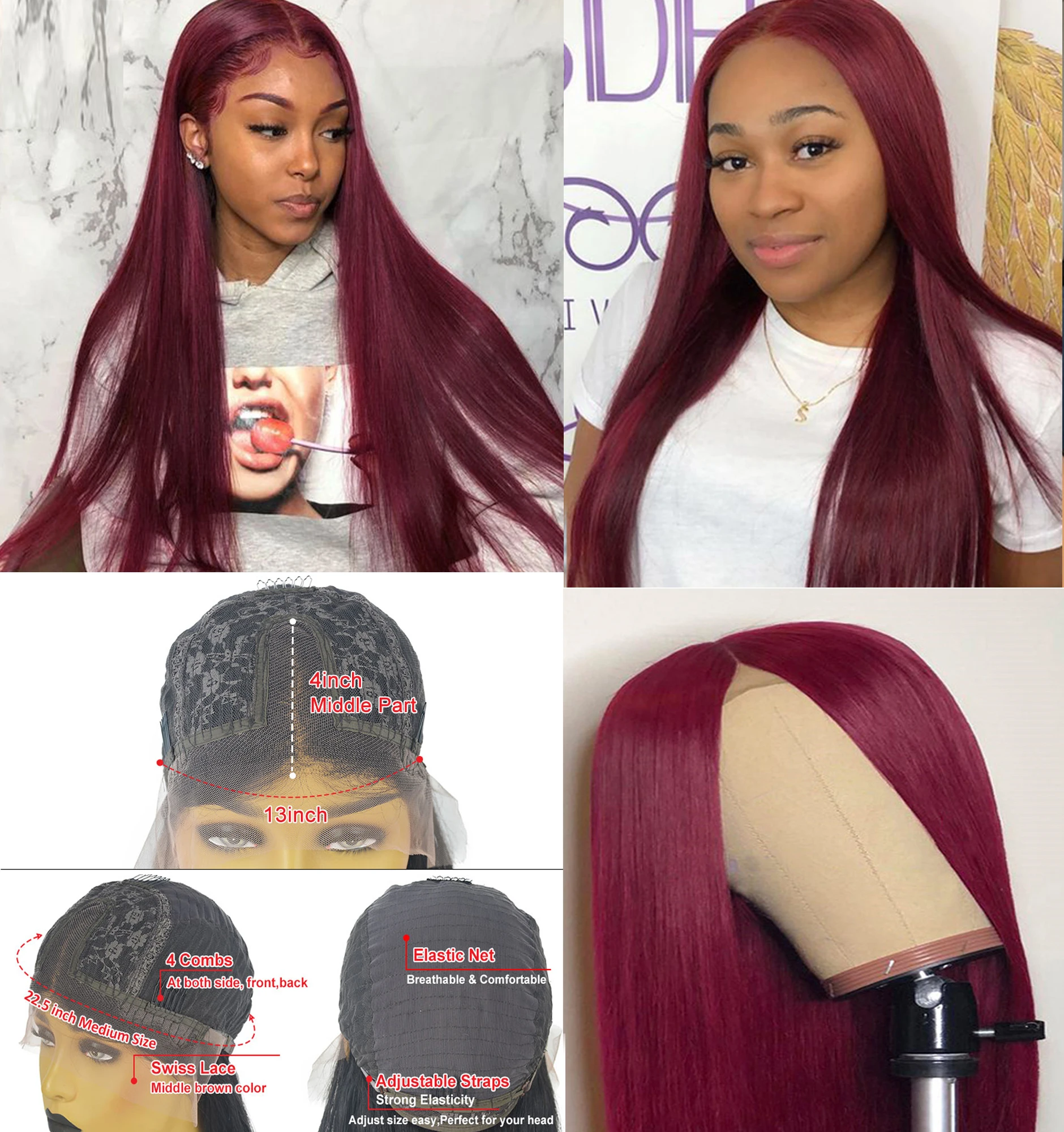 Прямые бордовые кружевные передние парики 99j цвет человеческие волосы с детскими