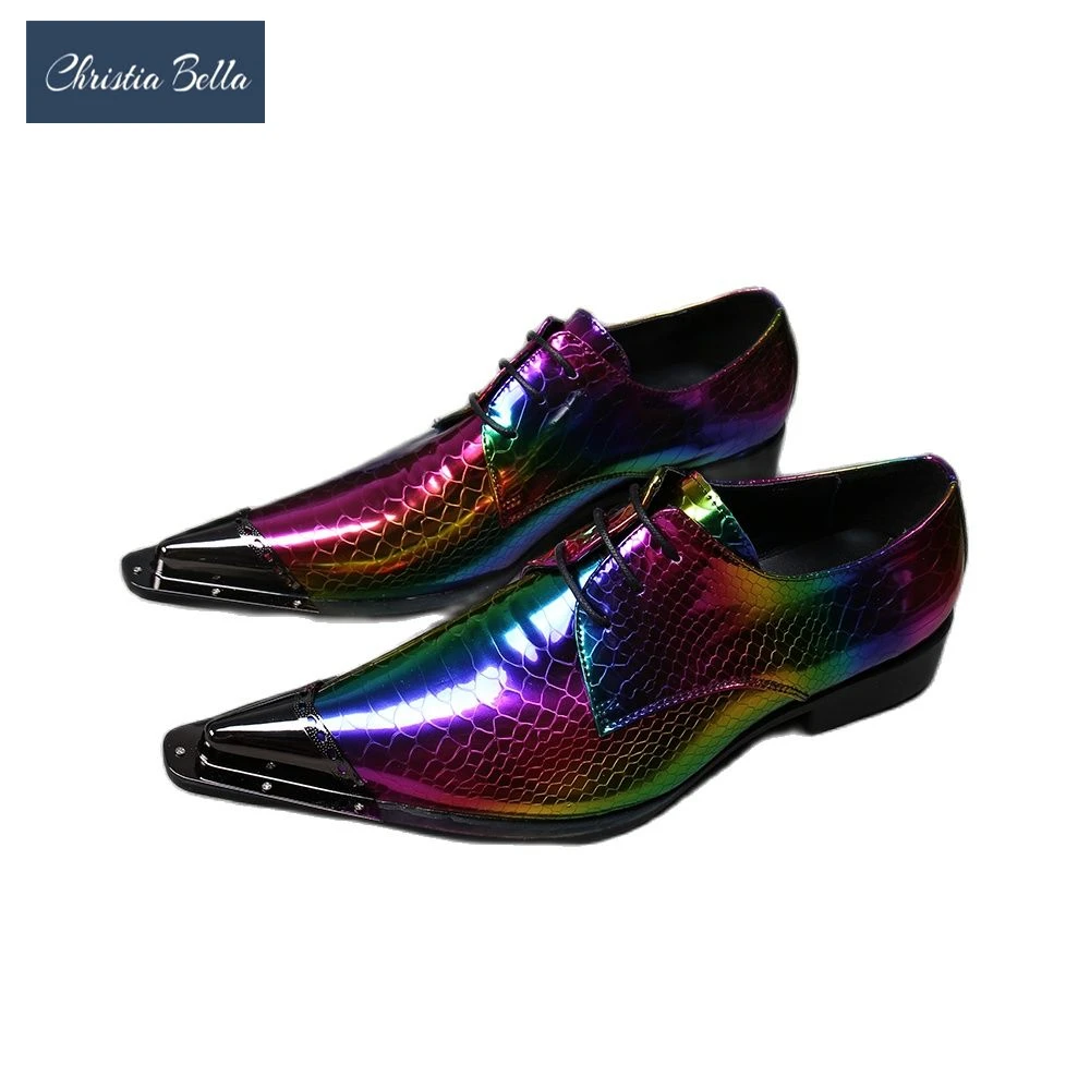 Модные неоновые мужские деловые туфли из натуральной кожи металлическая острый