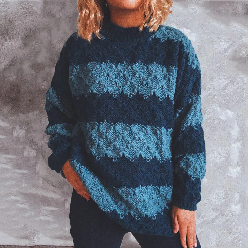 

2021 Fall Winter Knitted Sweaters for Women Casual Pullovers Tops Sweater Striped Long Sleeve O neck Top 3 Colors