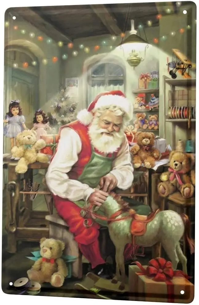 

LEotiE SINCE 2004 Tin Sign Metal Plate Decorative Sign Home Decor Plaques Christmas Decoration Santa Claus Workshop Rocking