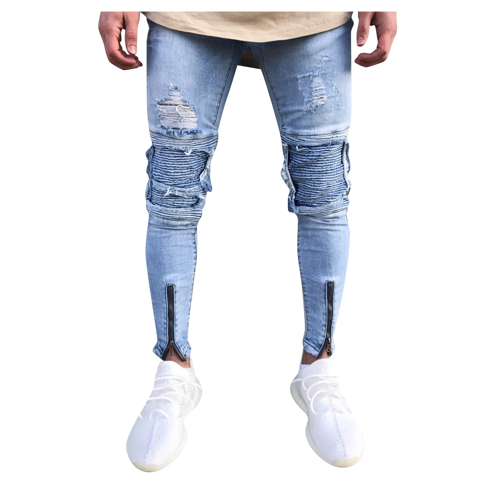 

Модные мужские облегающие джинсы, байкерские потертые джинсовые брюки, рваные джинсовые брюки-карандаш с боковыми полосками, уличная одежд...