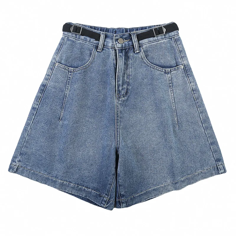 

2021 large size belted hemming loose wide leg short jeans 4xl summer casual streetwear denim short pants