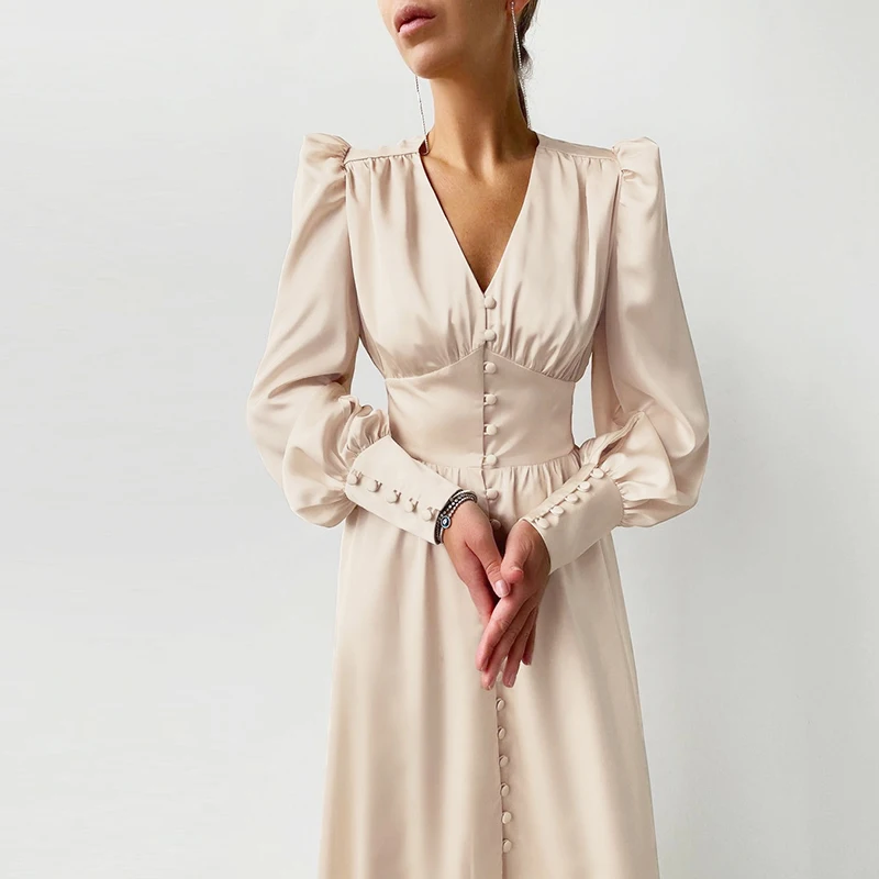 

MOARCHO Women vintage satin A-line long dress v-neck single breasted lantern sleeve 2021 new fashin party dress