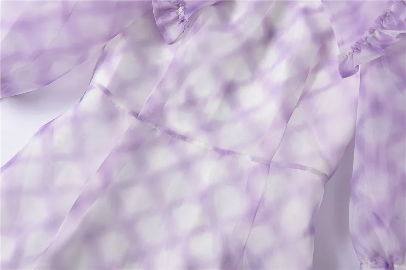 

2021 Runway Dress Women Vestidos Ruffles Turn Down Collar Puff Sleeve See Through Mini Dress Lilac Plaid A Line Fairy Dress