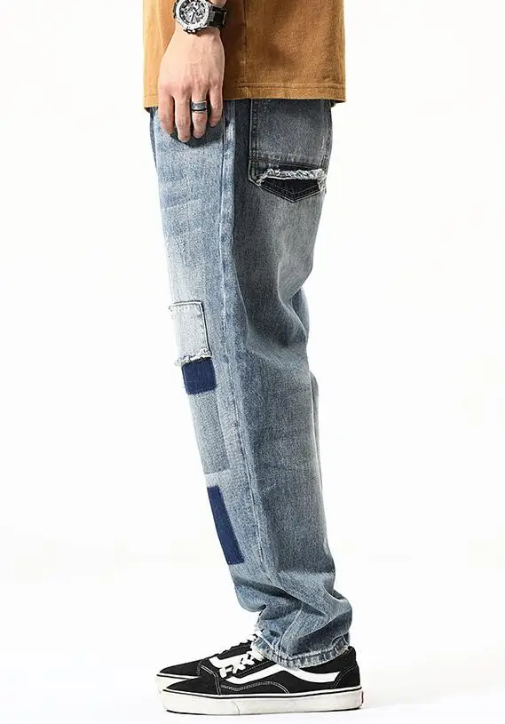 Retro Ripped Jeans Youth Men Loose Straight Casual Denim Pants Brand Patch Ankle-Length Jeans