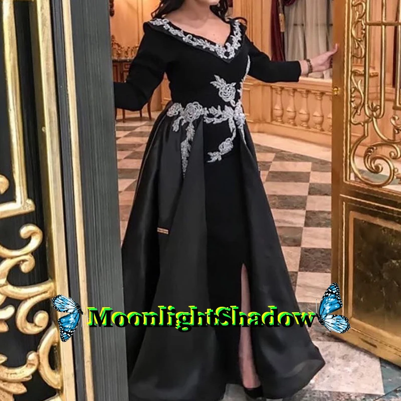 

Muslim Black Satin Evening Dress Applique Dubai Arabic Saudi Arabian Vestidos De Festa Mother Formal Party Prom Plus