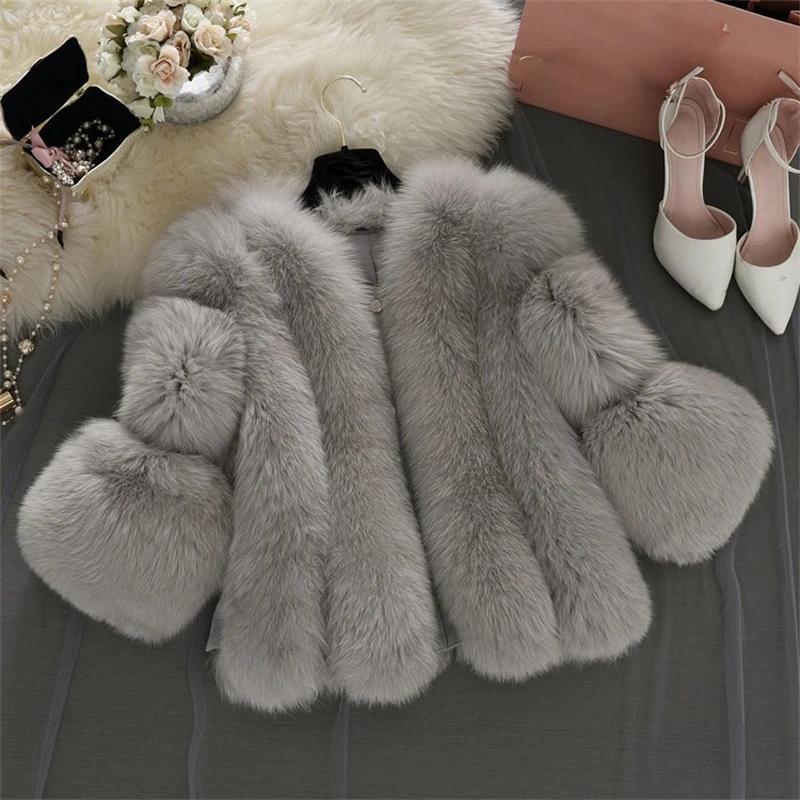 

4XL Imitation Fur Coat Women New Autumn Winter Fox Fur Jacket Short Faux Fur Straw Fur Leather Parka Fluffy V-neck