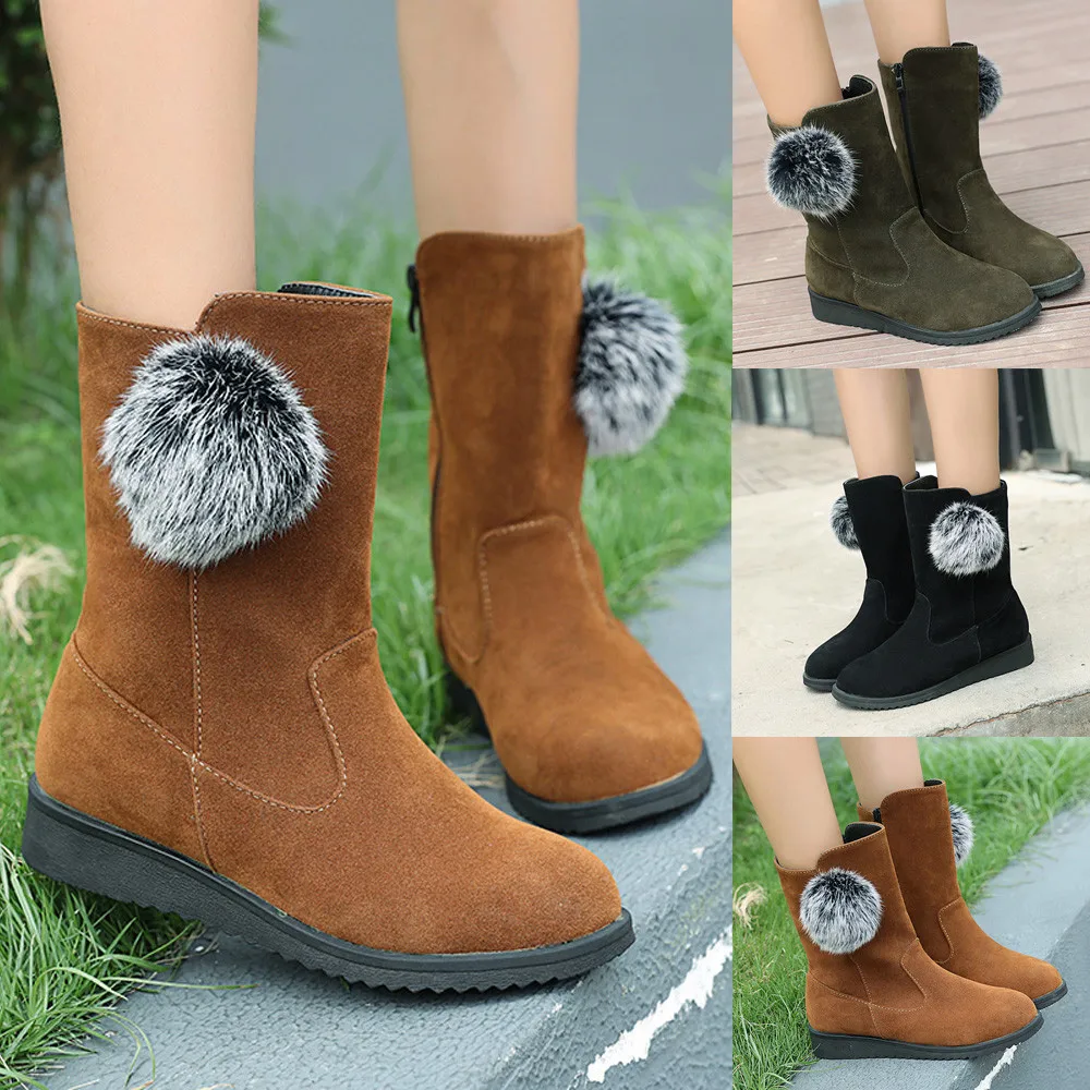 

Women Boots New Fashion Pure Flock Black Women Winter Shoes Rubber Boots For Women Mid Calf Female Boots Dropship 7194