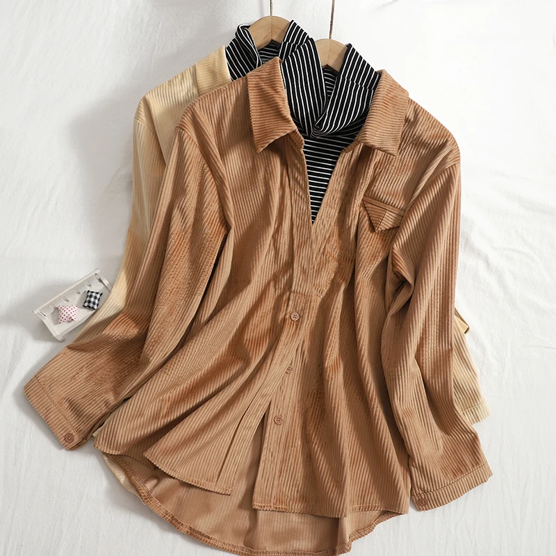 

VANOVICH Korean Japan Style Stitching Contrast Stripes Fake Two-piece Shirt 2022 Spring and Autumn New Shirts for Women