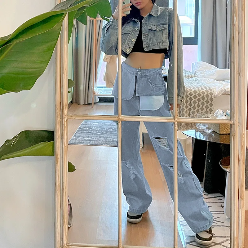 

2021 Spring and Summer New Women's Solid Color Loose High Waist Jeans Femme Fashion Ripped Denim Wide Leg Pants Women