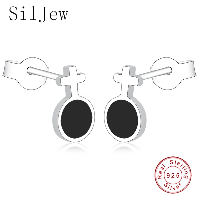 

SilJew подлинные модные 925 стерлингового серебра и черной эмалью в виде круглые серьги-гвоздики для женщин и девочек потрясающие серьги горный...