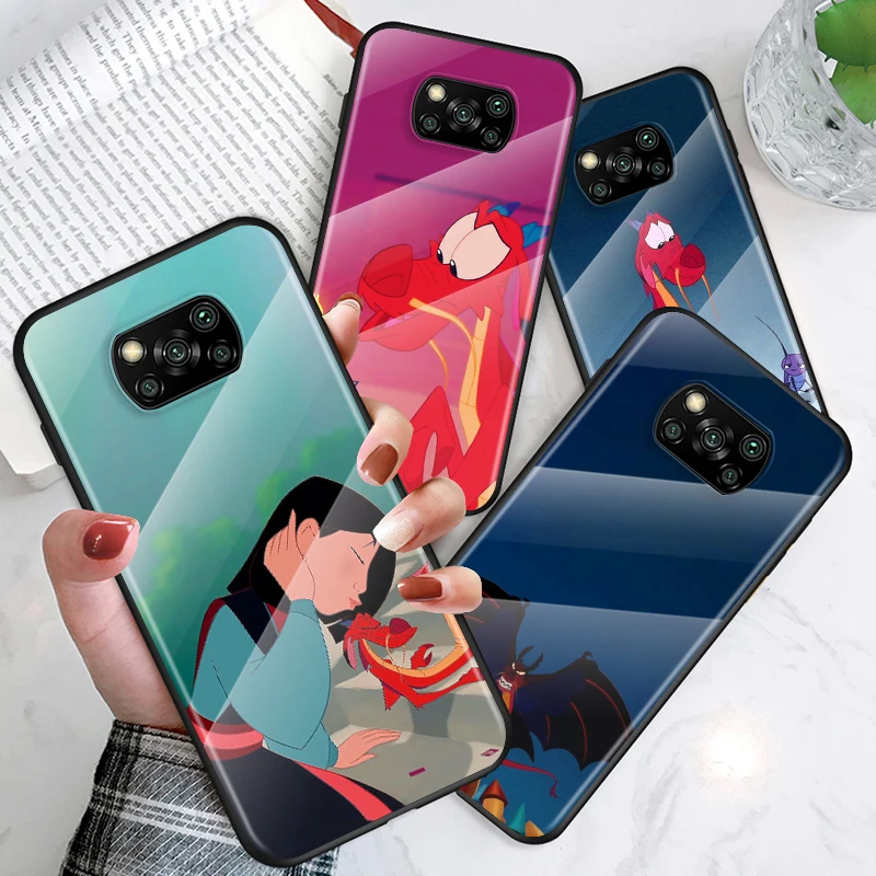

Tempered Glass Shell Luxury Cover Anime Cartoon Mulan For Xiaomi Mi POCO F3 F2 X3 NFC X2 M2 Pro Shockproof Phone Case