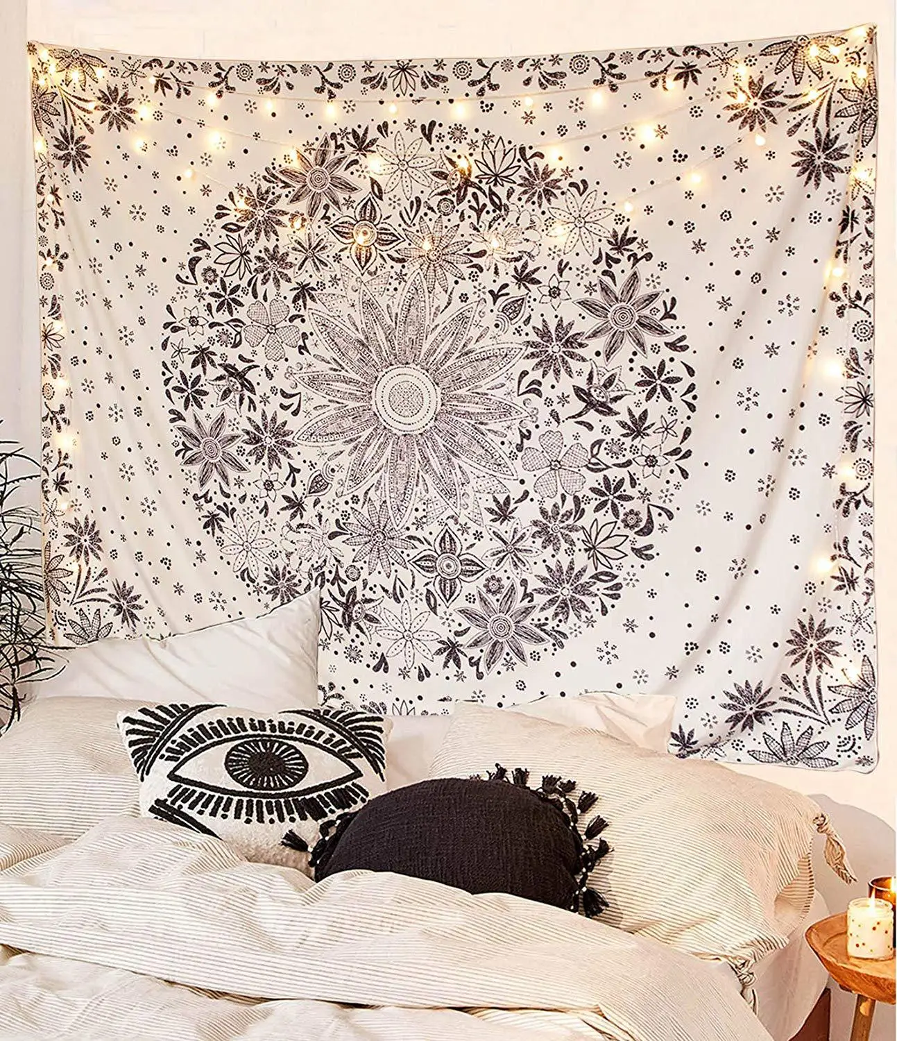 

Bohemian Tapestry Wall Hanging Beige and Black White Floral Tapestry with Dotted Daisy Medallion Bedroom Boho Hippie Home Decor