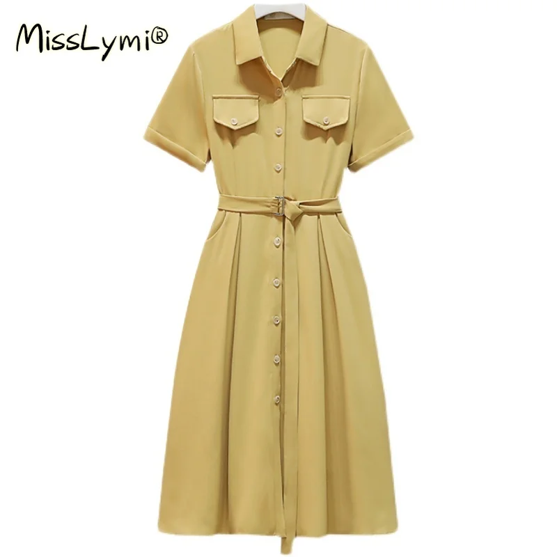 

4XL Plus Size Women Solid Color Elegant Shirt Dress Summer 2021 Short Sleeve Single-breasted Loose Casual Ladies Midi Dresses