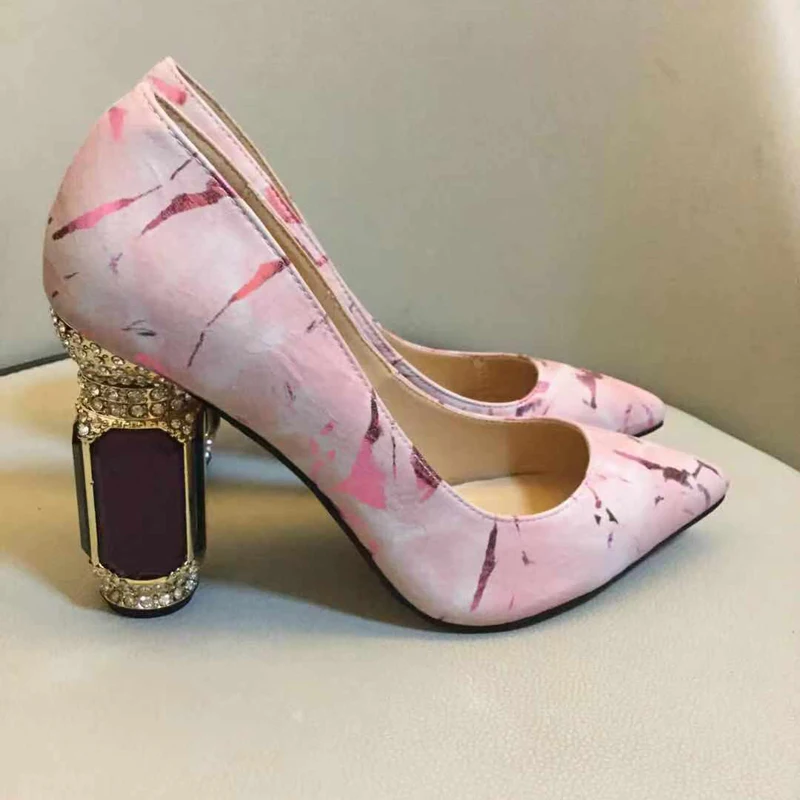 

Square Crystal Heels Women Pumps Genuine Leather Shoes Women Sexy Point Toe High Heel Office Party Luxury Shoes Women Designers