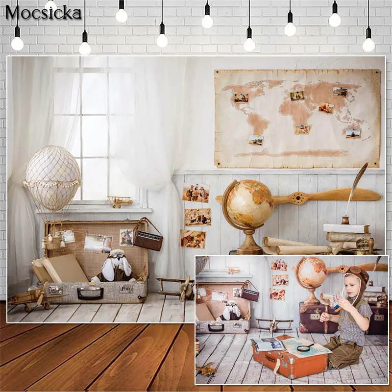 

Mocsicka World Map Travel Photography Backdrops Suitcase Decor Children Birthday Cake Smash Photo Props Studio Booth Background
