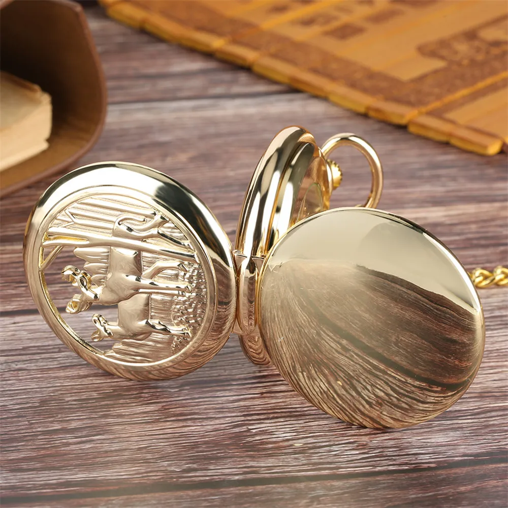 Golden Elk Mechanical Pocket Watch Roman Numerals Dial Double Open Face Pendant Manual Mechanism Fob Chain Timepiece Male Gifts