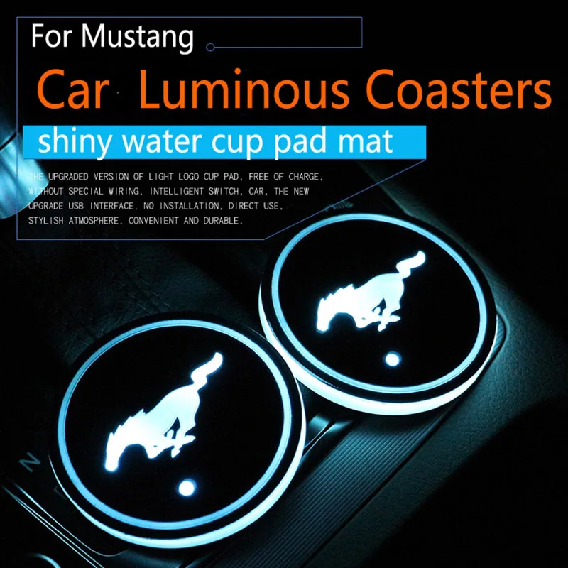2Pcs/set Ford Mustang Pony Horse Logo badge Car Led Shiny Water Cup Pad Groove Mat Luminous Coasters Atmosphere Light