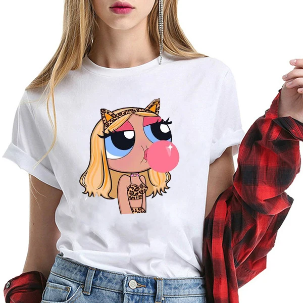 

Powerpuff Girls New Summer Fashion Anime Cute Cartoon Pattern T-shirt Fun Casual White Short Sleeve Women's Print Street Kawaii