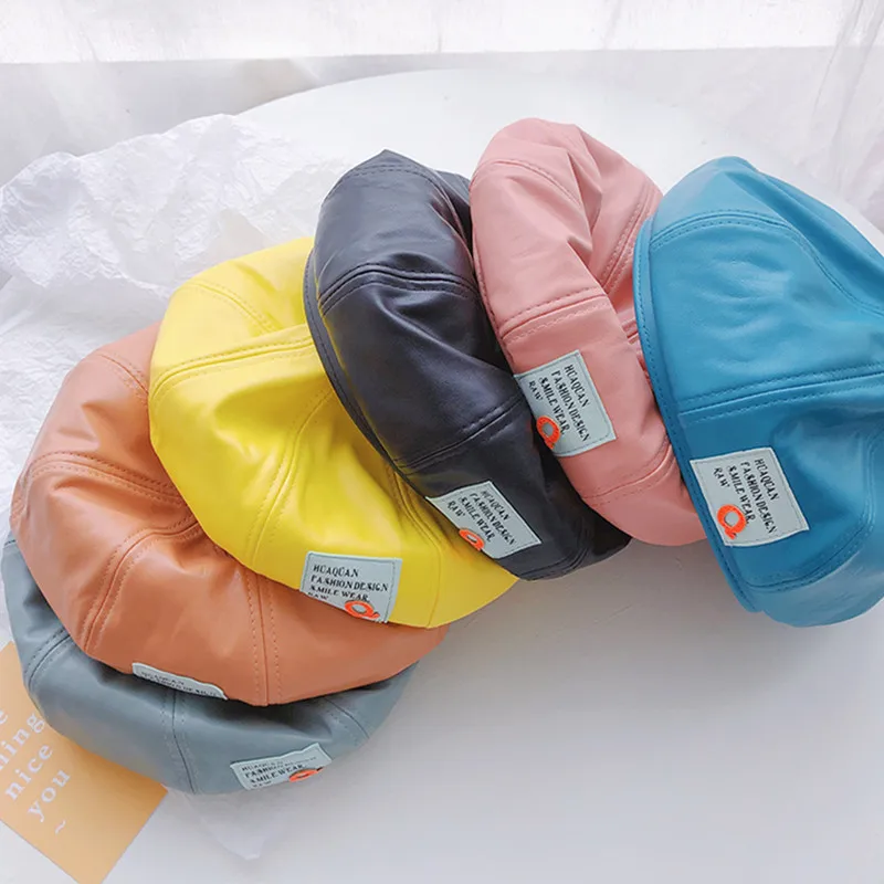 

Autumn Winter Fashion Beret For Kids Boys Girls PU Baby Sun Hats Vintage Children Caps 6 Colors