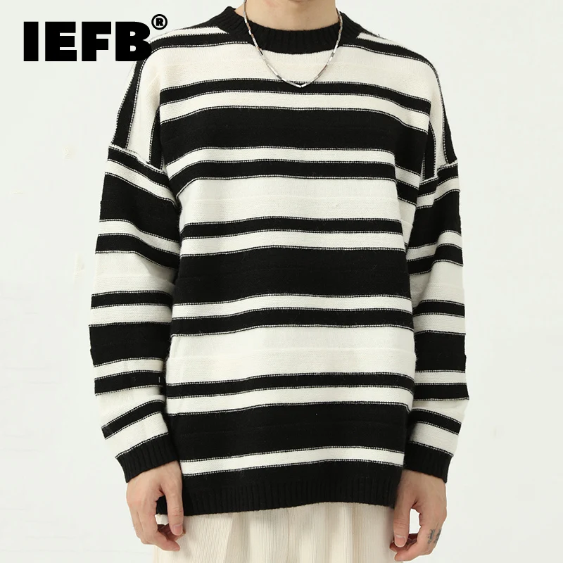 

Мужская одежда IEFB, осенний Новый Полосатый пуловер, топы Kint, корейская мода, свободный зеленый Вязаный Свитер оверсайз с круглым вырезом 9Y9495
