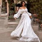 Новое поступление, кружевное свадебное платье-трапеция UZN с открытыми плечами и длинными пышными рукавами, свадебное платье из органзы с поясом, свадебное платье