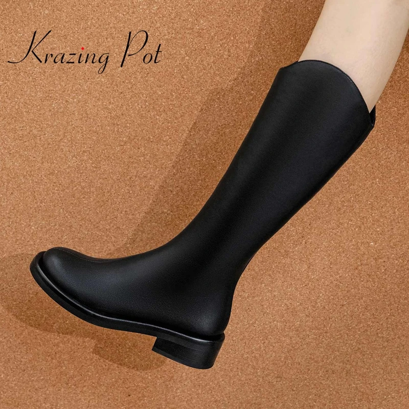 

krazing pot cow split leather round toe med heel riding boots simple style retro fashion young lady basic thigh high boots L95