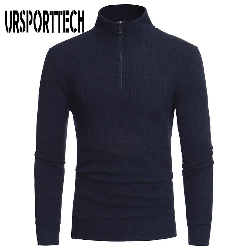 Navy URSPORTTECH, хлопковый свитер, Мужской пуловер, Повседневные вязаные свитера, куртка, пуловер, половина молнии, водолазка, трикотаж, пальто с воротником поло - Цвет: Navy