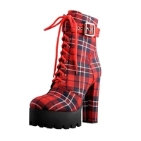 onlymaker womens platform ankle boots buckle strap chunky high heel round toe plaid lace up gingham boots zipper big size
