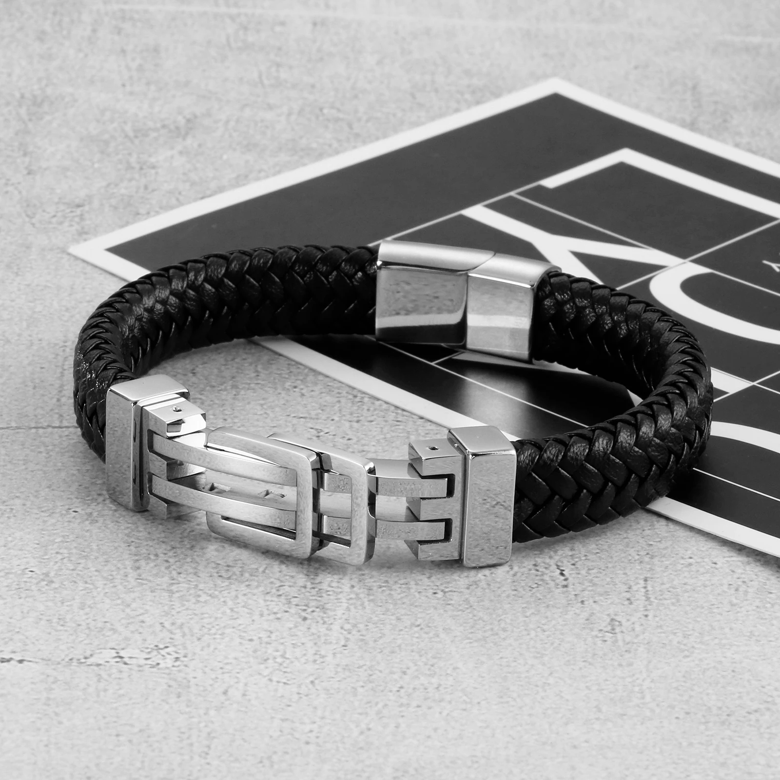 

HaoYi Trendy Leather Bracelet Men's Stainless Steel Geometric Bracelets Punk Jewelry Wholesale