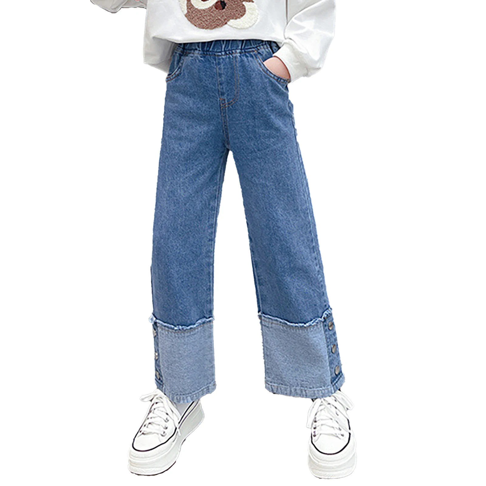 

Модные детские джинсы с широкими штанинами для девочек, эластичный пояс с пуговицами, декоративные свободные джинсовые брюки, детские брюк...