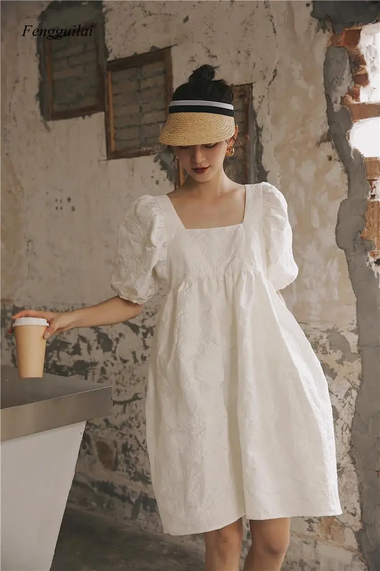 

2020 New Summer And Autumn Fashion Women Clothes Hubble-bubble Sleeve Sqaure Collar Lantern Sleeves Pullover Dress