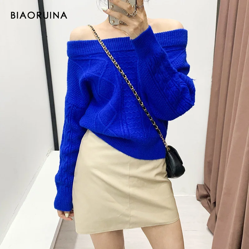 

BIAORUINA Women's Solid Color Elegant Winding Knieed Sweater Long Sleeve Slash Neck Bock Bow Tie Fashion Street Pullover