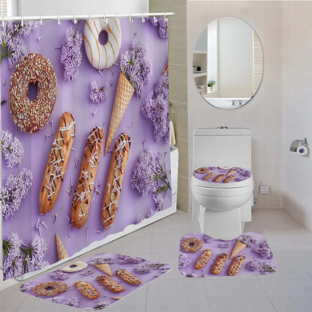 

Душевая занавеска с принтом пончиков 16 шт./компл. с нескользящим ковриком, U-образный коврик, крышка для унитаза, коврик для ванной и 12 крючко...