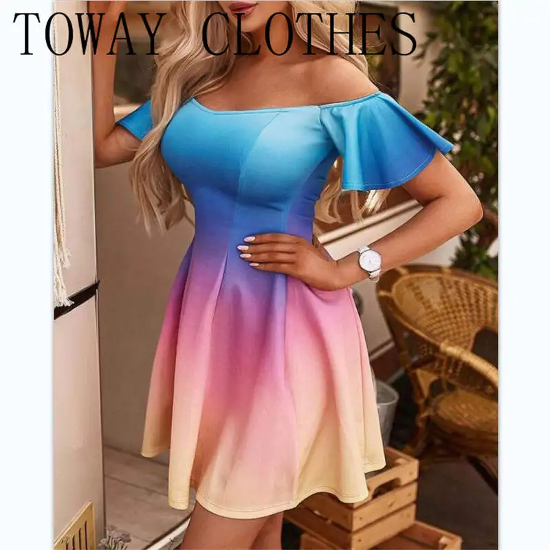 Женское мини-платье с открытыми плечами, ТРАПЕЦИЕВИДНОЕ летнее платье с коротким рукавом-колокольчиком Омбре и цветными блоками, 2021