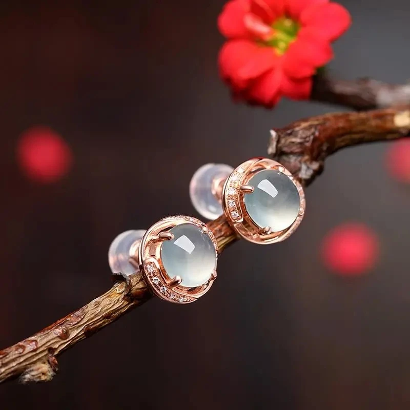 

New European and American Design Ice-like Chalcedony Egg Noodle Earrings 925 Sterling Silver Rose Gold Inlaid with Diamond